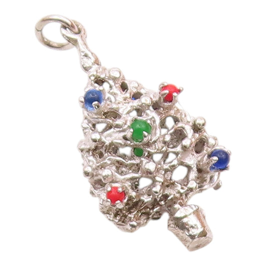 925 Silver Vintage Petite Coral & Multi Stone Christmas Tree Pendant PT19137