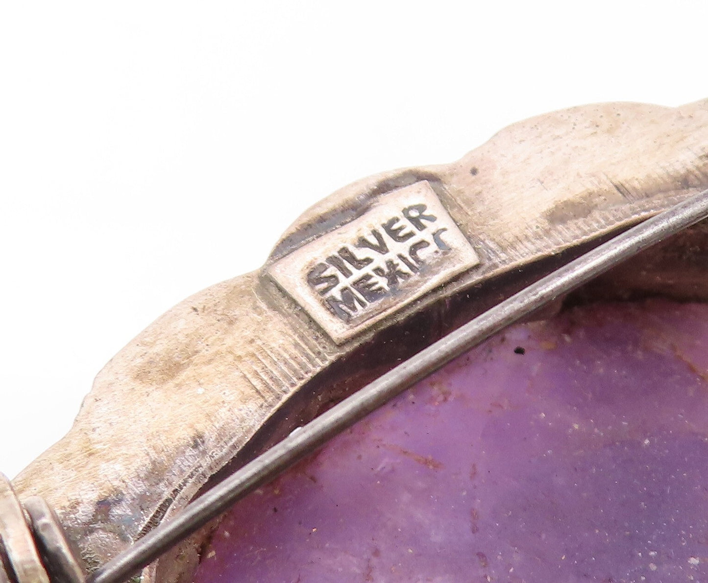 925 Sterling Silver Vintage Brooch MEXICO Oval Amethyst Antique Flower  BP11538