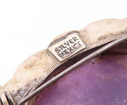 925 Sterling Silver Vintage Brooch MEXICO Oval Amethyst Antique Flower  BP11538
