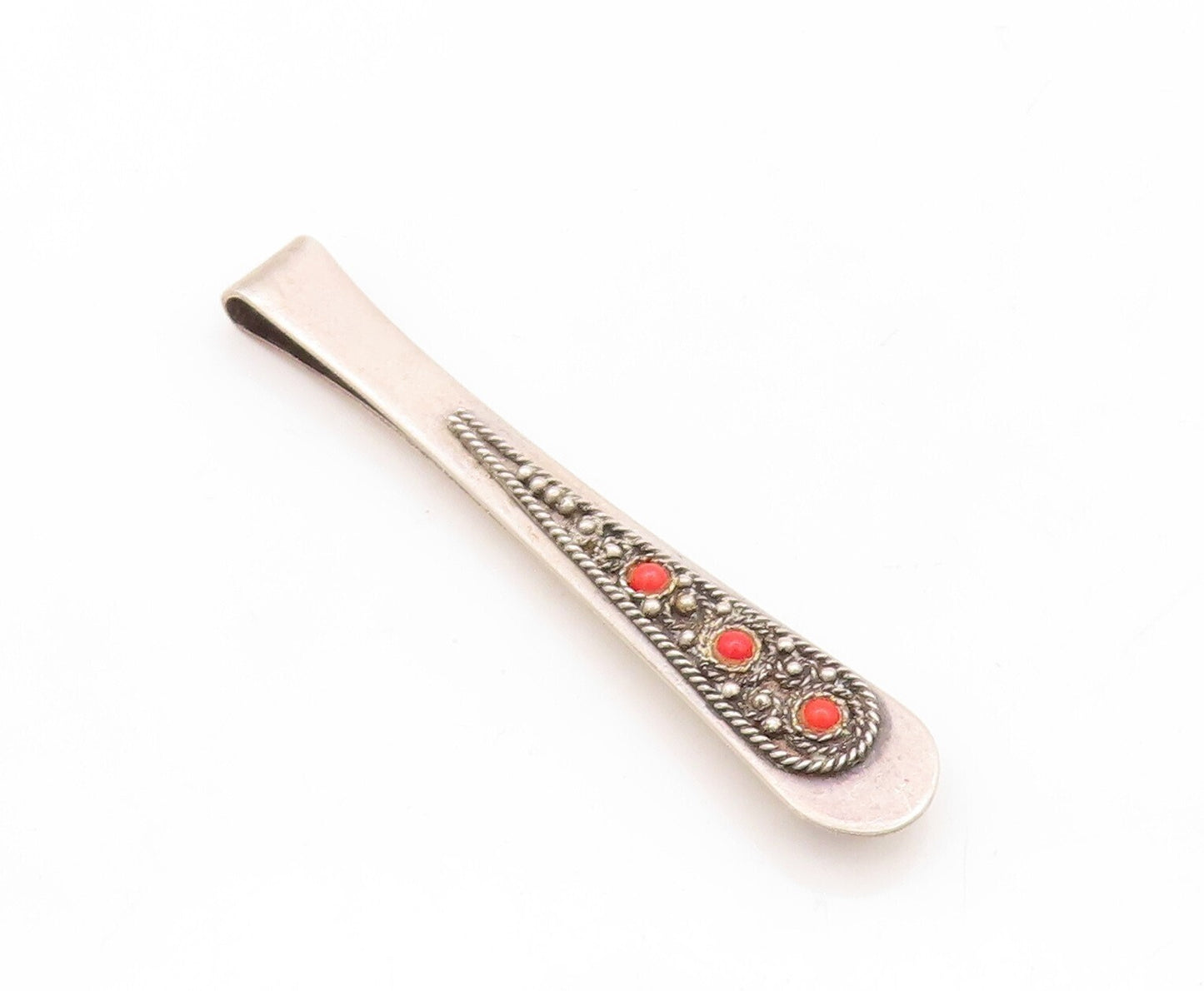 925 Sterling Silver Vintage Tie Clip ISRAEL Carved Red Gemstones TR3786