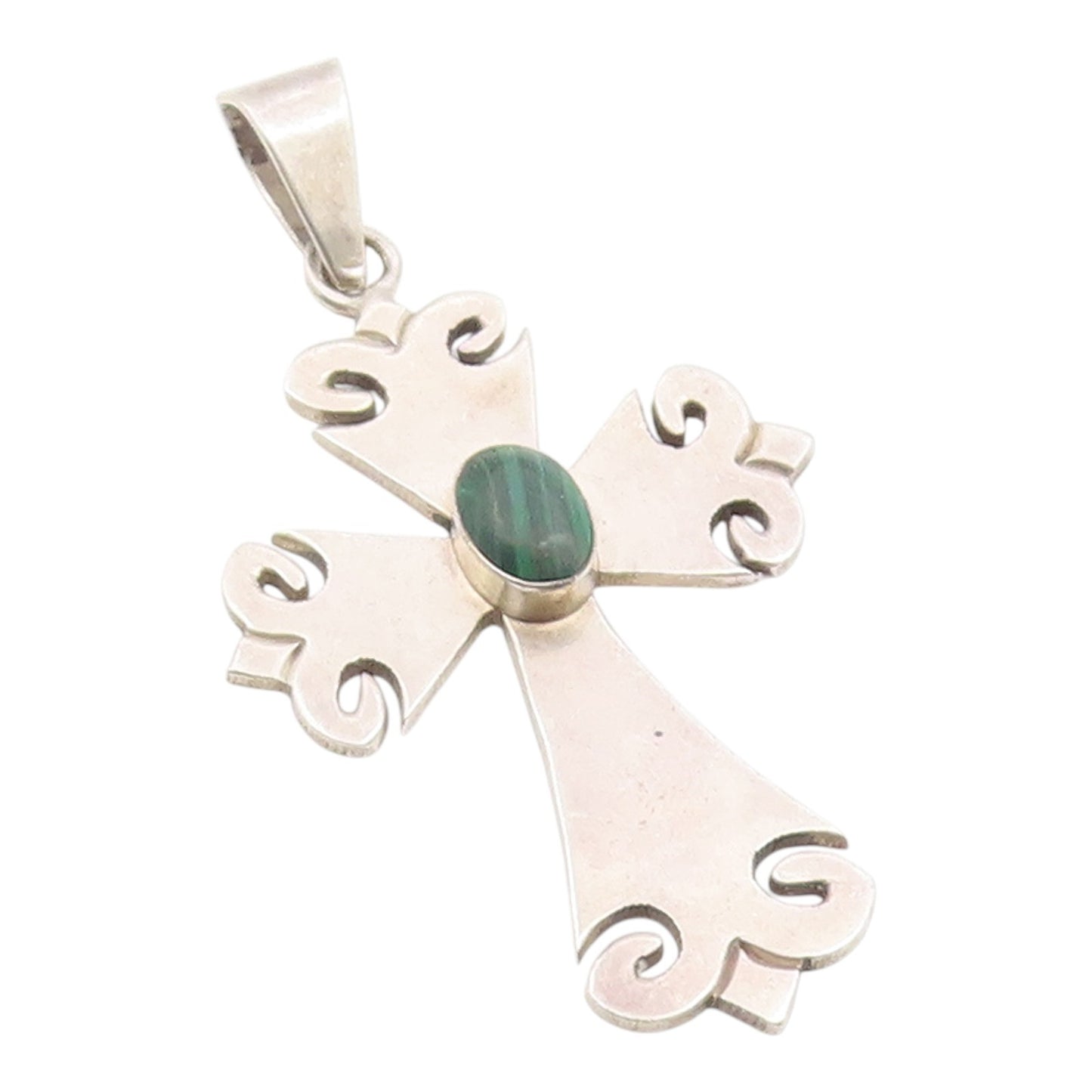 925 Sterling Silver Vintage Pendant MEXICO Malachite Religious Cross  PT26041