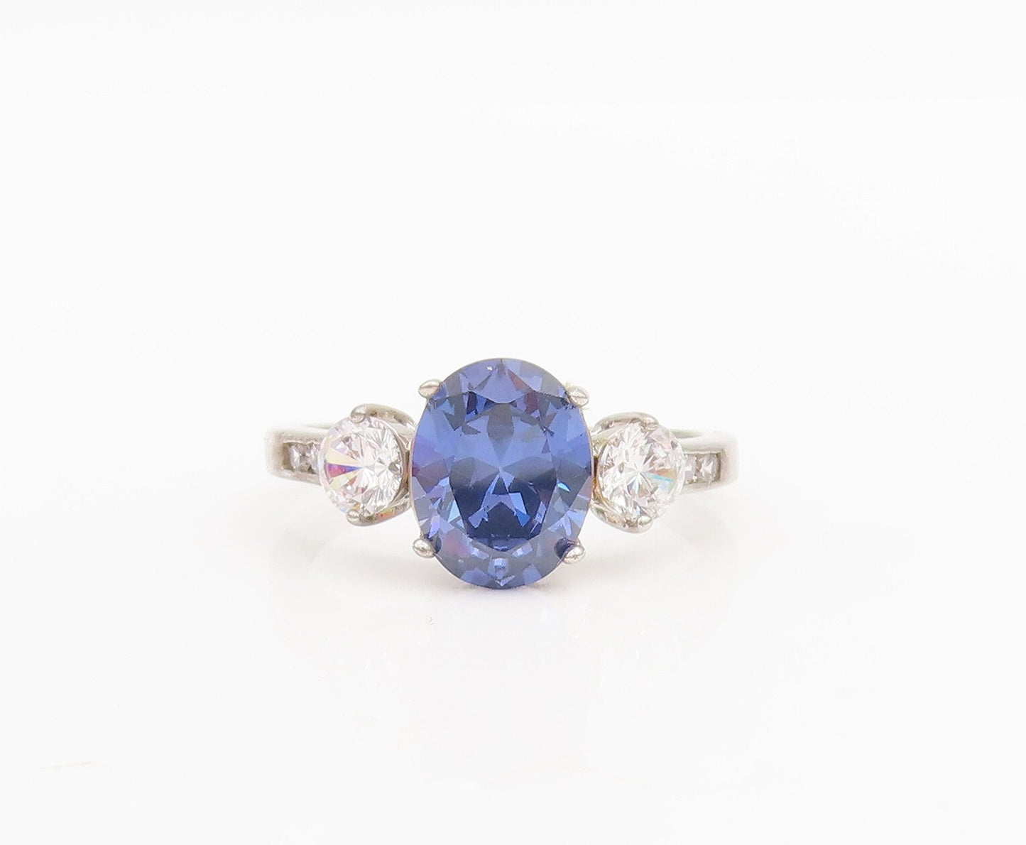 925 Sterling Silver Vintage Ring Oval Sapphire Round CZ Sidestone Sz 7.5 RG29042