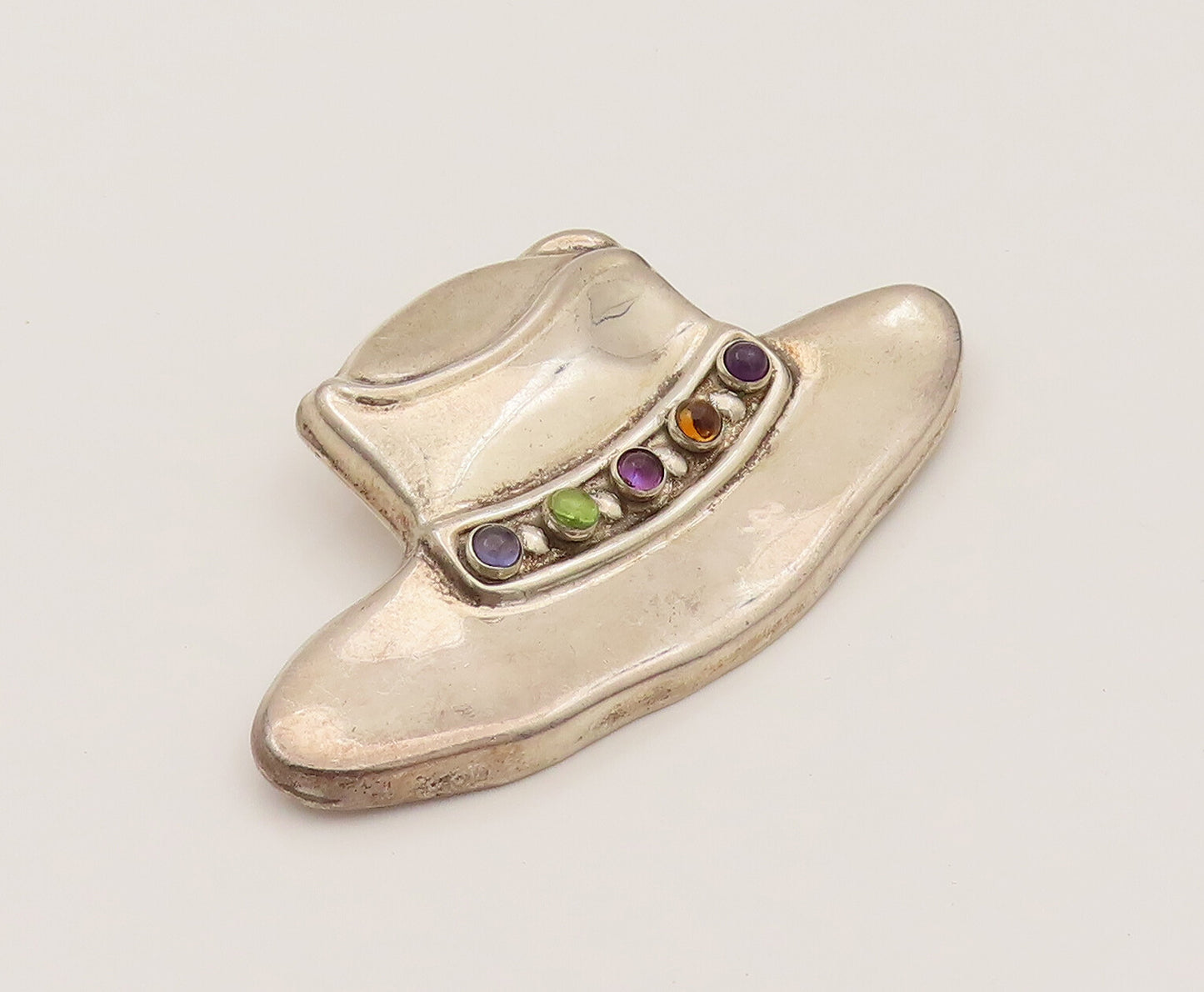 925 Silver  Vintage Heavy Cabochon Amethyst & Gemstones Hat Brooch Pin BP10266