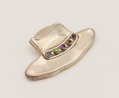 925 Silver  Vintage Heavy Cabochon Amethyst & Gemstones Hat Brooch Pin BP10266