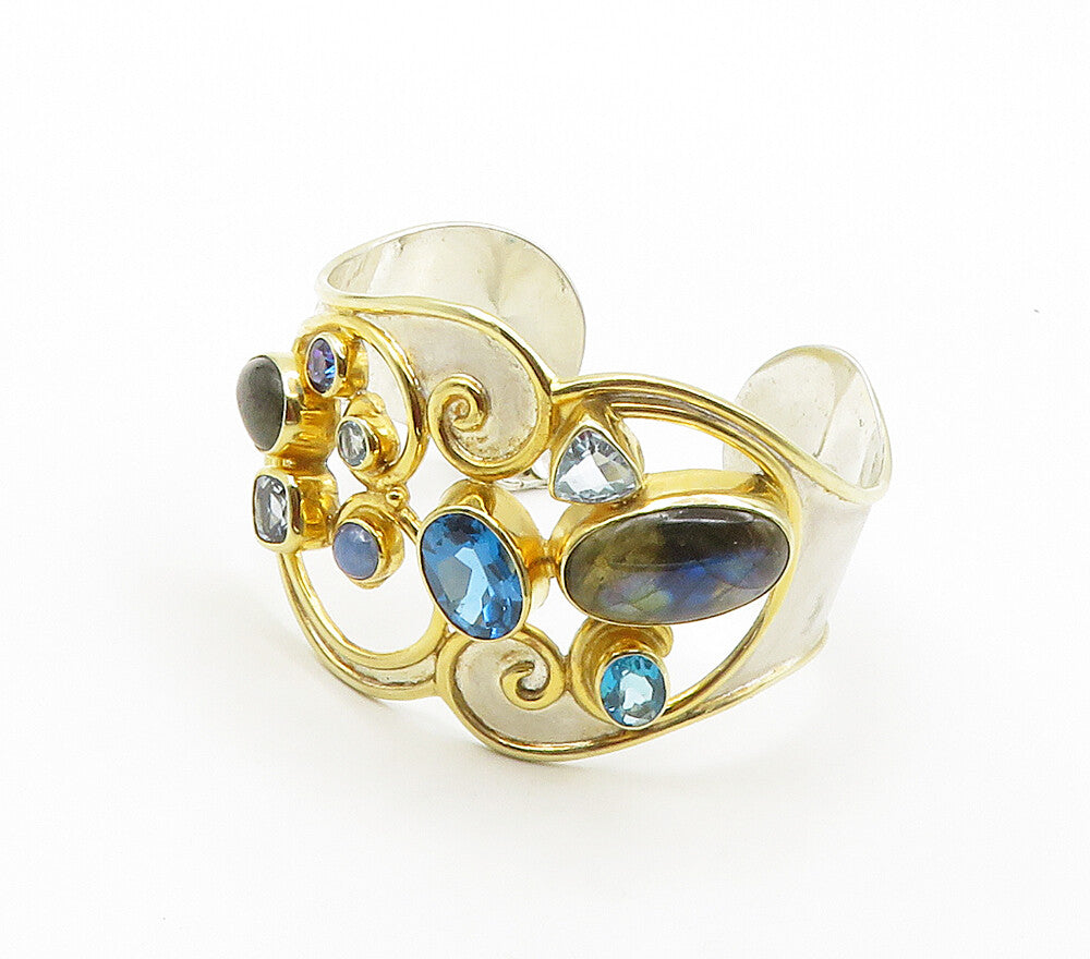 DESIGNER 925 Silver  Labradorite & Blue Topaz Two Tone Cuff Bracelet  BT6349