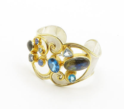 DESIGNER 925 Silver  Labradorite & Blue Topaz Two Tone Cuff Bracelet  BT6349