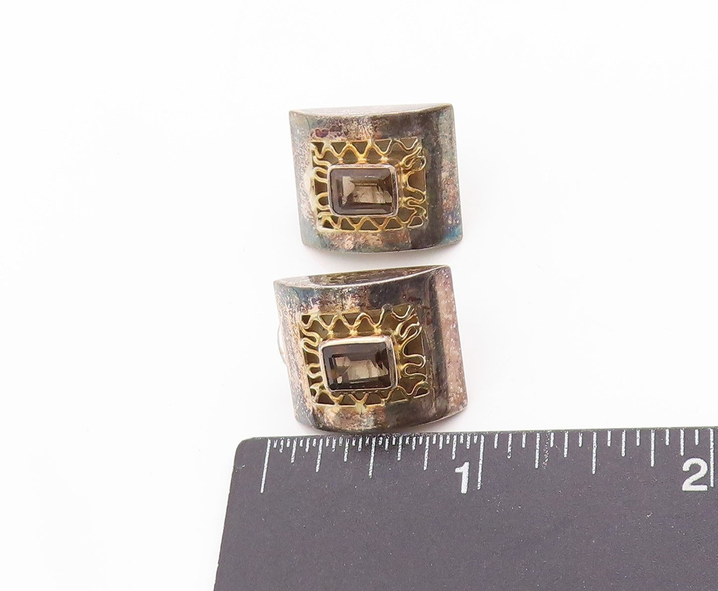 925 Sterling Silver Vintage Earrings Smoky Quartz Geometric Cut Out Stud EG13709