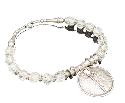 Solid Silver Vintage Heavy Hammered Circle Beaded Clear Stone Necklace  NE3916