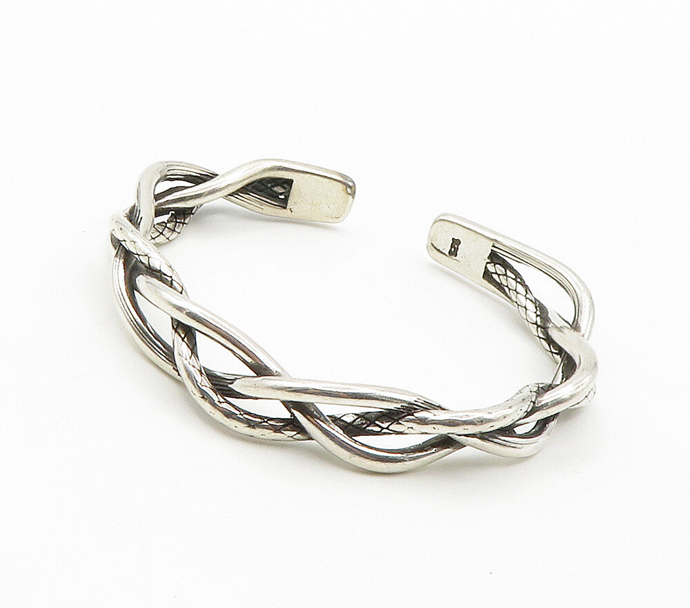 925 Sterling Silver  Vintage Smooth Braided Weaved Style Cuff Bracelet  BT6042