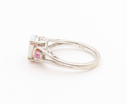925 Sterling Silver Vintage Ring Oval Fire Opal & Pink Topaz Band  Sz 7  RG36667