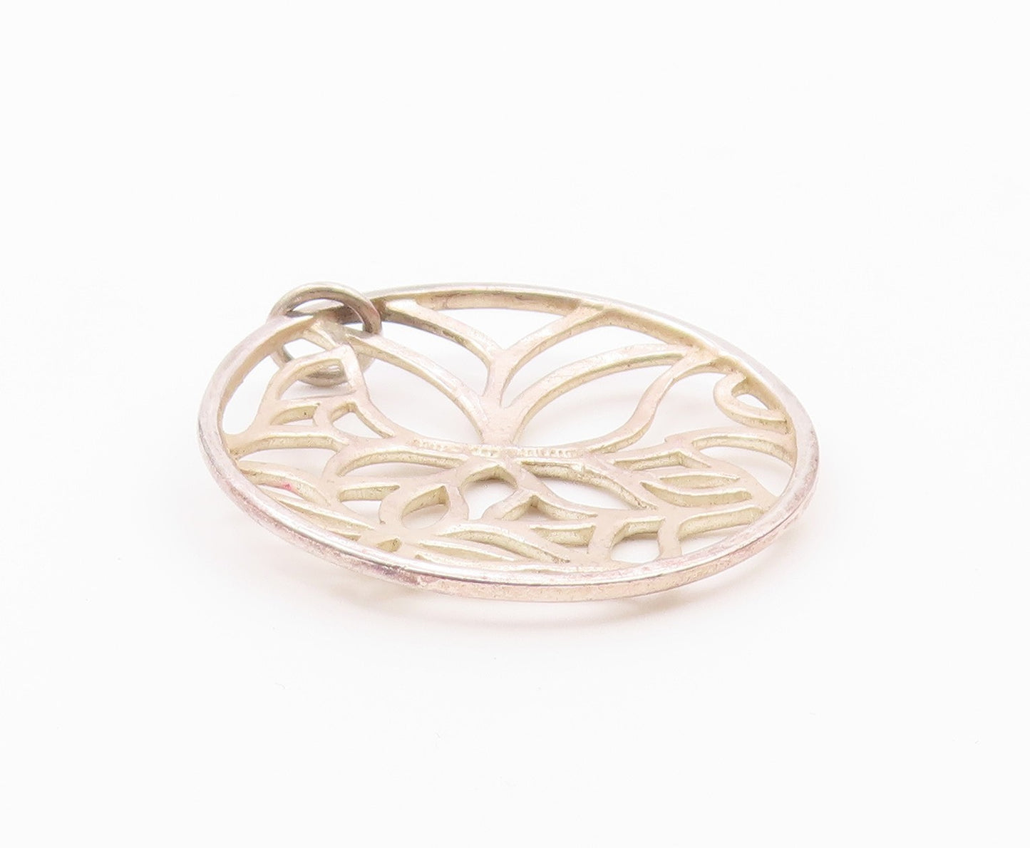 925 Sterling Silver  Vintage Shiny Open Floral Design Round Pendant  PT18531