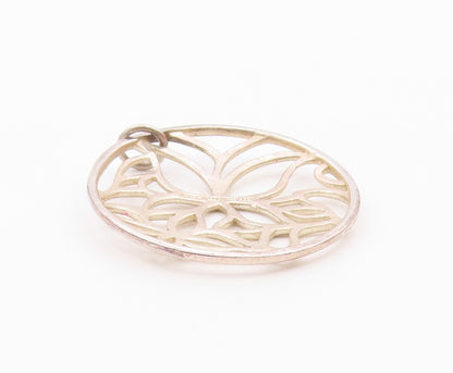 925 Sterling Silver  Vintage Shiny Open Floral Design Round Pendant  PT18531