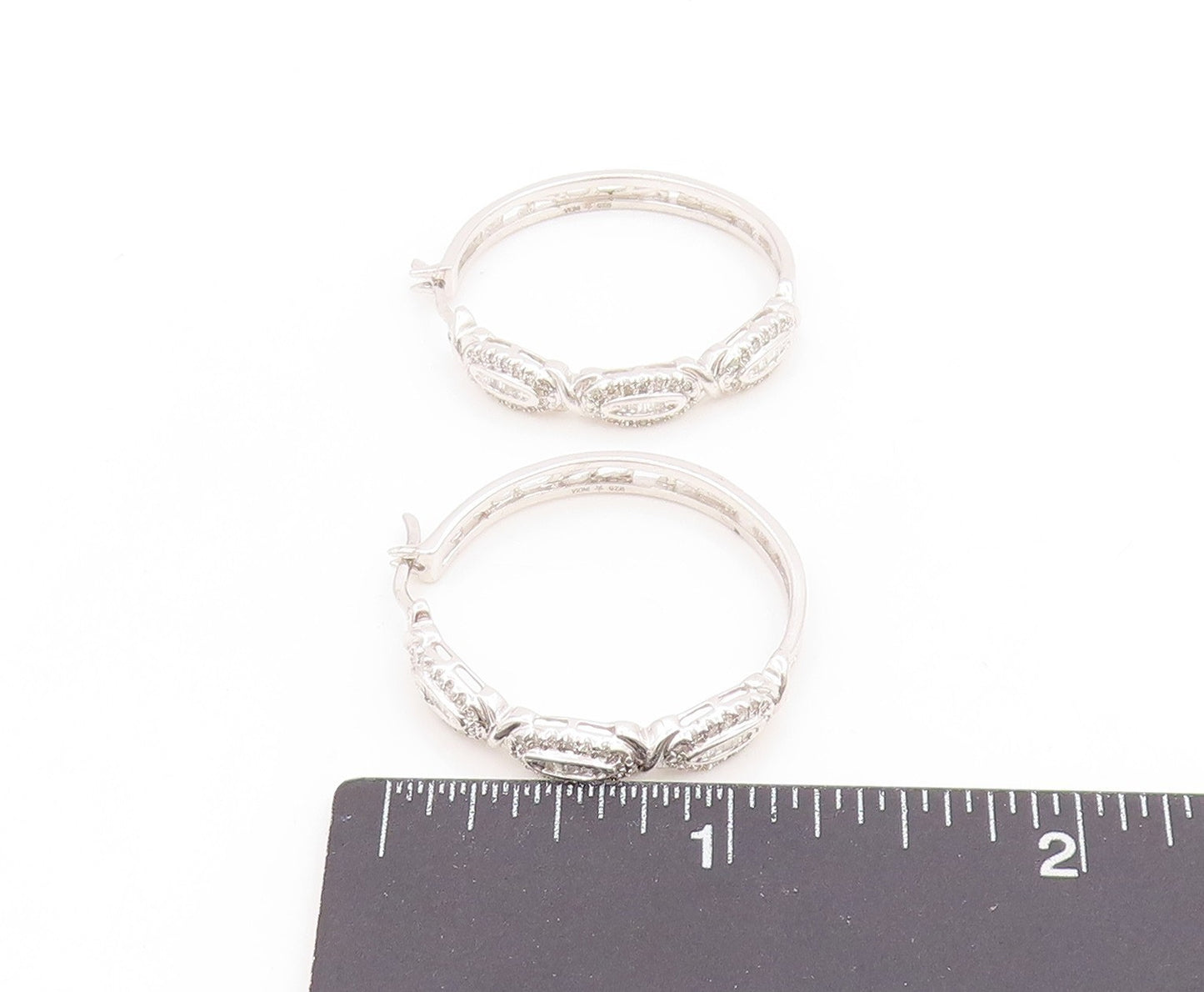 925 Sterling Silver Vintage Earrings Real 1/2ct Diamonds Elegant Hoops  EG14019