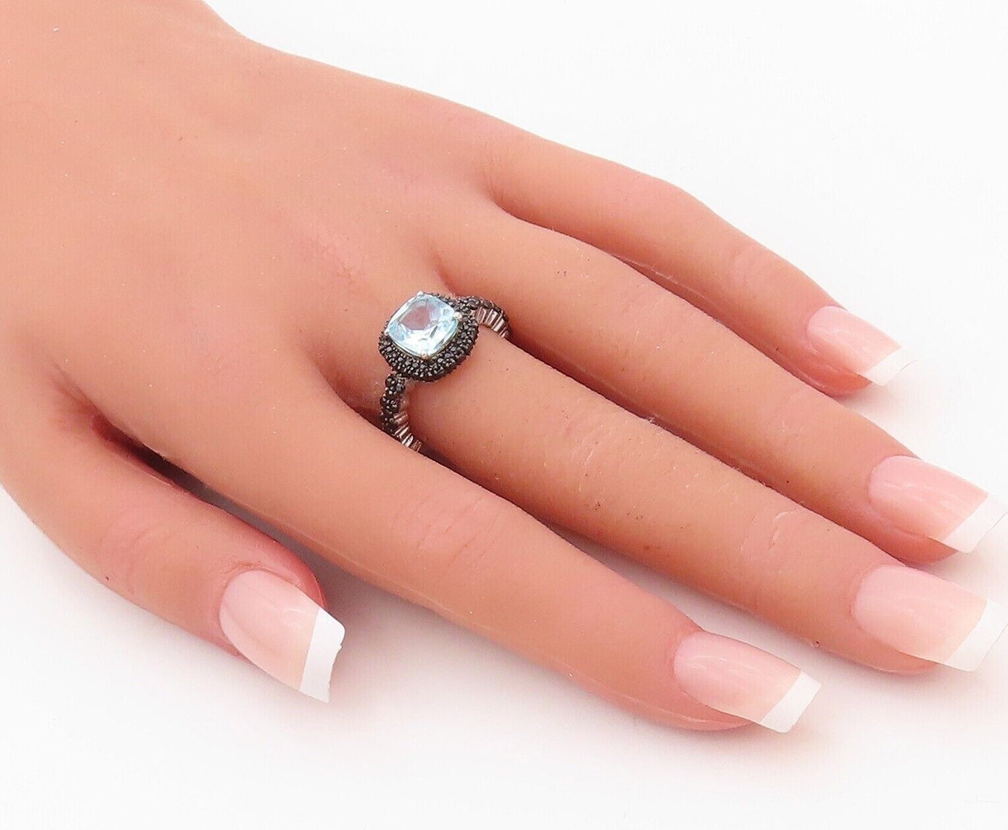 925 Sterling Silver Vintage Ring Square Cut Blue Topaz & Spinel  Sz 7  RG30270