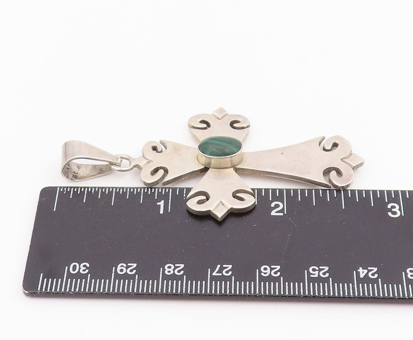 925 Sterling Silver Vintage Pendant MEXICO Malachite Religious Cross  PT26041
