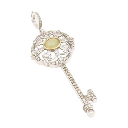 925 Sterling Silver Vintage Pendant Cabochon Opal & CZ Treasure Key  PT25644