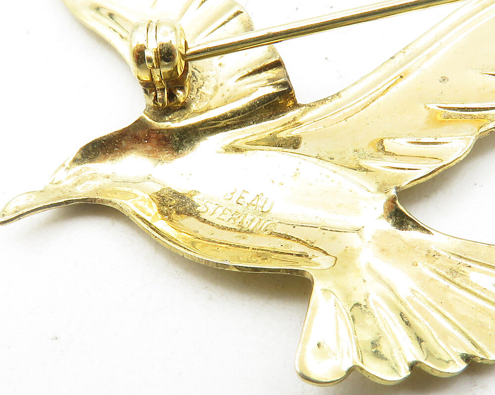 BEAU 925 Sterling Silver  Vintage Shiny Gold Plated Bird Brooch Pin  BP4038