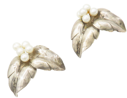 DESIGNER 925 Silver  Vintage Pearl Cluster Floral Leaves Drop Earrings  EG9216