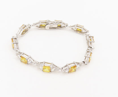 925 Sterling Silver  Vintage Square Citrine & Topaz Tennis Bracelet  BT10125