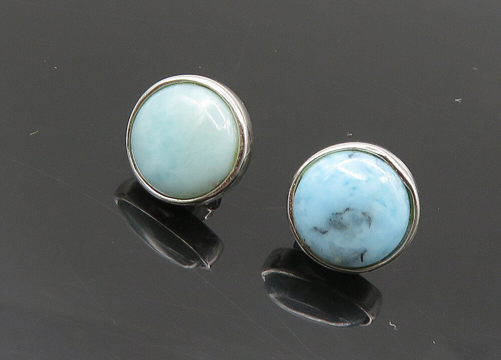 925 Sterling Silver  Vintage Cabochon Cut Larimar Round Stud Earrings  EG10140