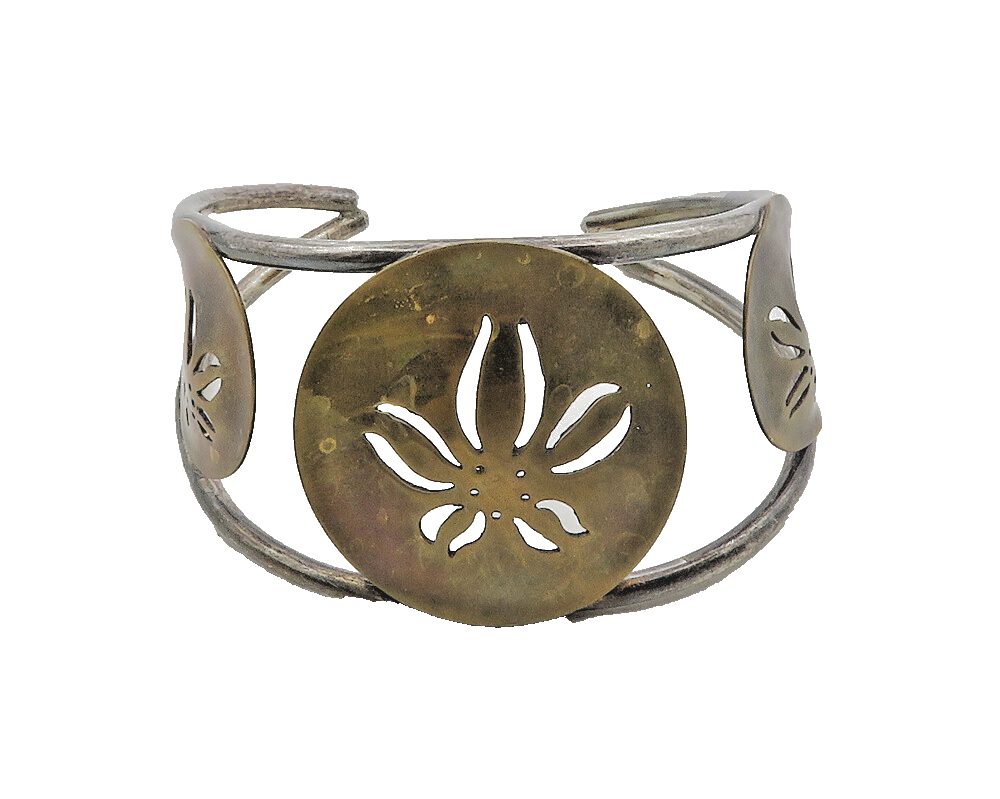 925 Sterling Silver  Vintage Flower Cutout Dark Tone Cuff Bracelet  BT4208
