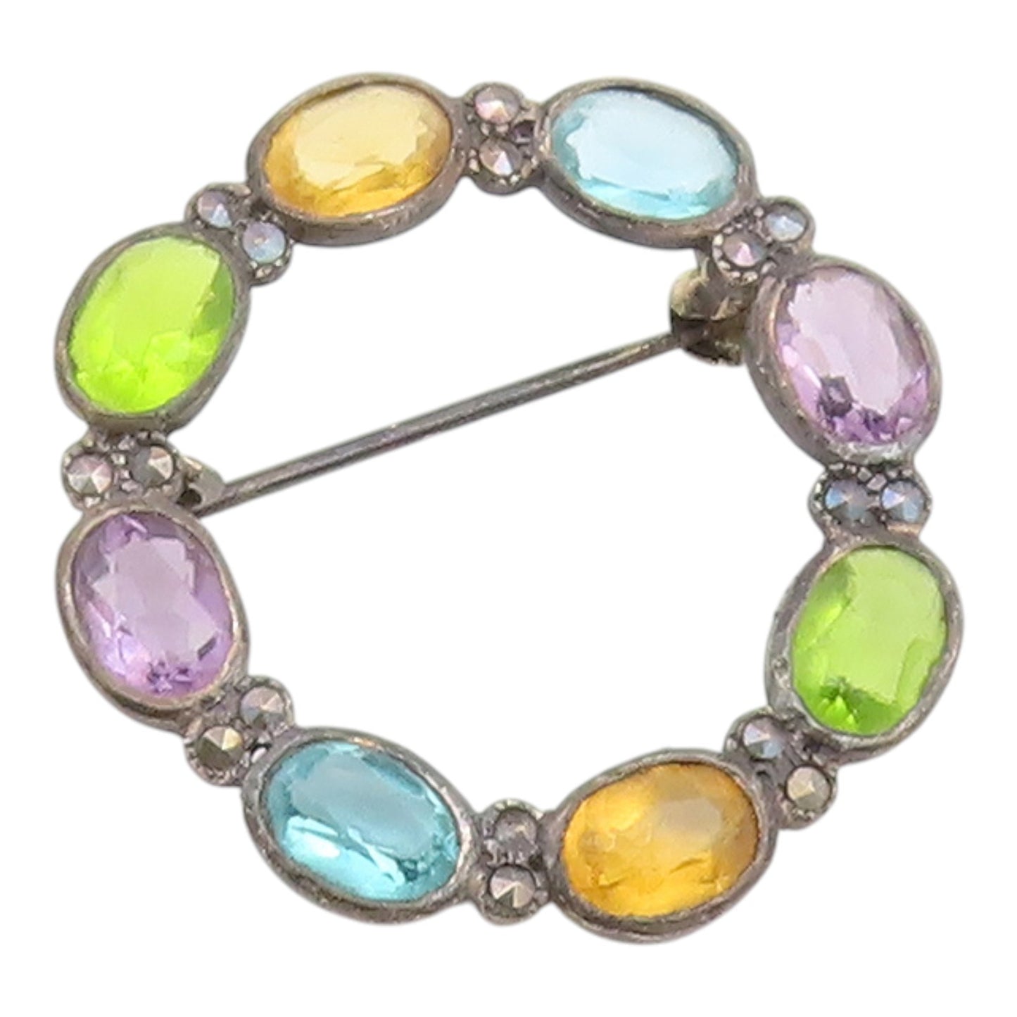 925 Sterling Silver Vintage Brooch Pin Multi Gemstone Circle Wreath  BP12586