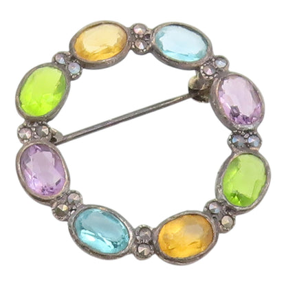 925 Sterling Silver Vintage Brooch Pin Multi Gemstone Circle Wreath  BP12586