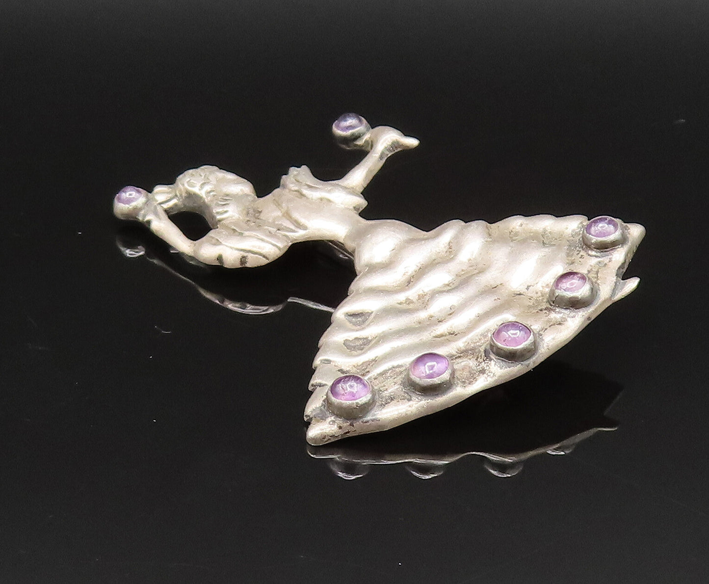 MEXICO 925 Silver  Vintage Antique Dancing Chalcedony Woman Brooch Pin  BP9677