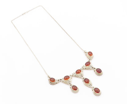 925 Sterling Silver Vintage Necklace Antique Roped Oval Cabochon Amber  NE4560