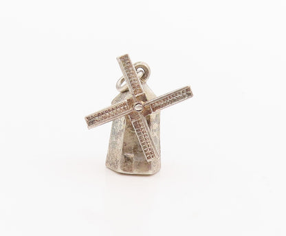 925 Sterling Silver Vintage Pendant 3D Etched Windmill Souvenir Charm  PT25577