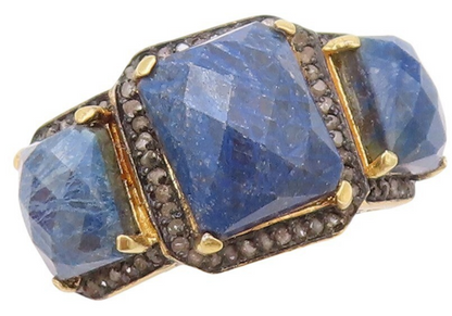 925 Sterling Silver Vintage Ring Diamonds & Rectangle Blue Gemstone Sz 8 RG30323