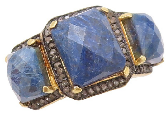 925 Sterling Silver Vintage Ring Diamonds & Rectangle Blue Gemstone Sz 8 RG30323