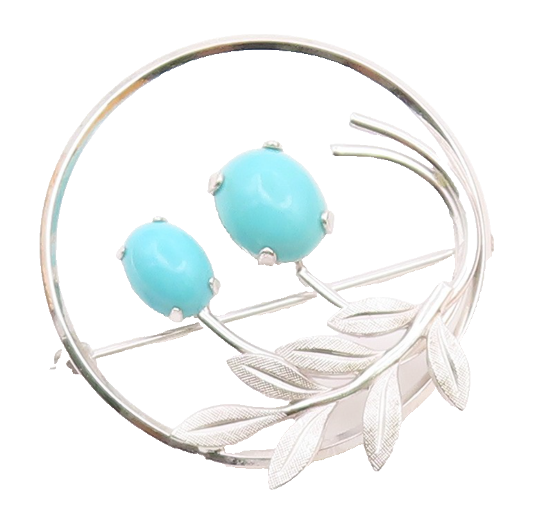 VAN DELL 925 Sterling Silver  Vintage Turquoise Floral Brooch Pin  BP9341