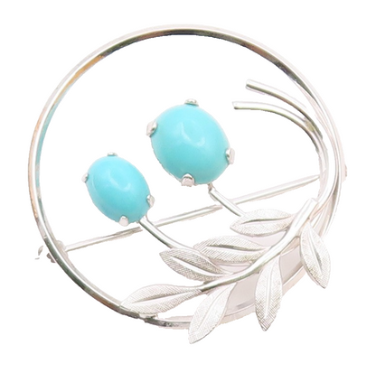 VAN DELL 925 Sterling Silver  Vintage Turquoise Floral Brooch Pin  BP9341
