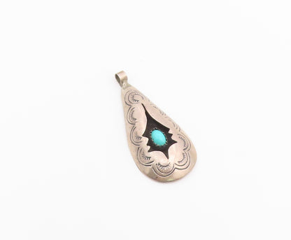 925 Sterling Silver Vintage Pendant NAVAJO Turquoise Shadow Box Teardrop PT26596