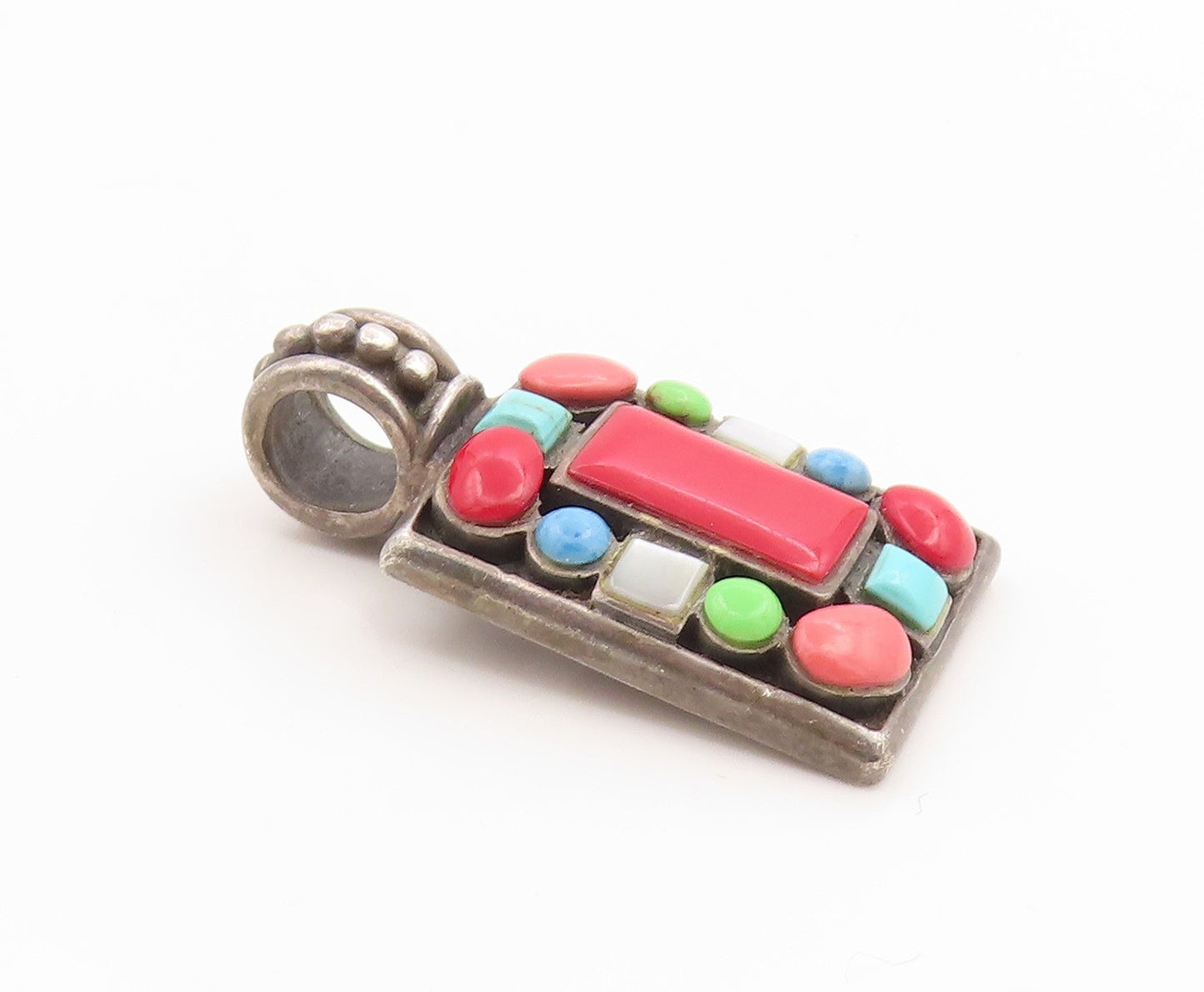 925 Sterling Silver Vintage Pendant Cabochon Multi Gemstone Charm  PT26234