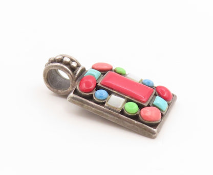 925 Sterling Silver Vintage Pendant Cabochon Multi Gemstone Charm  PT26234