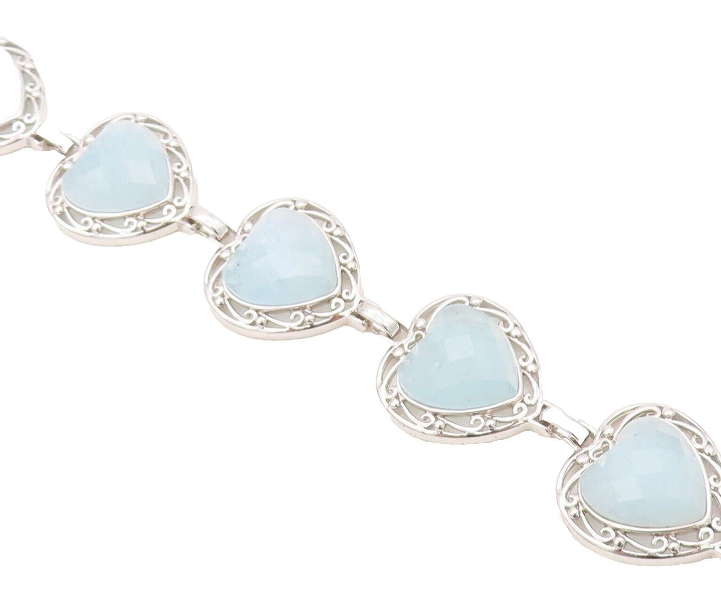 925 Sterling Silver Vintage Bracelet Heart Shape Aquamarine Swirly Cut  BT10710