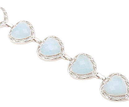 925 Sterling Silver Vintage Bracelet Heart Shape Aquamarine Swirly Cut  BT10710