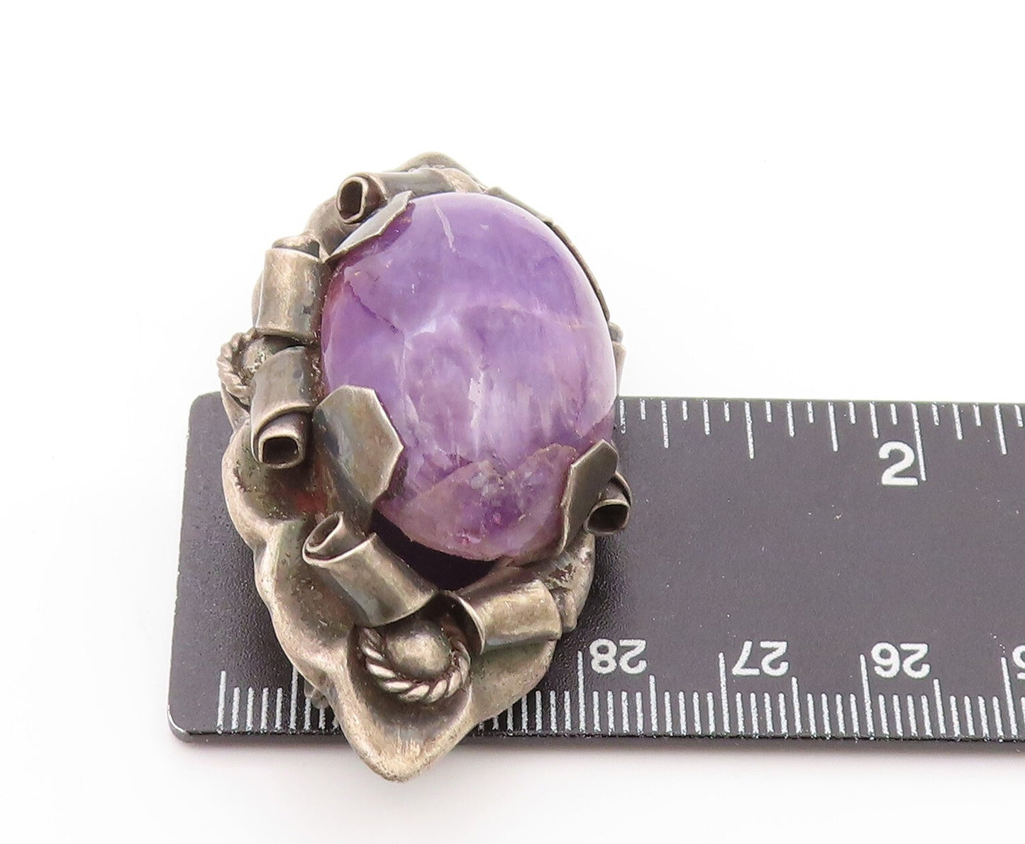 925 Sterling Silver Vintage Brooch MEXICO Oval Amethyst Antique Flower  BP11538
