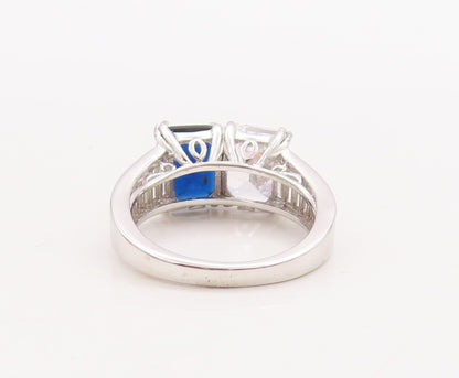 925 Sterling Silver Vintage Ring Rectangle Cut Sapphire & CZ  Sz 7.5  RG29523