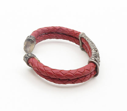 ESPO 925 Silver  Vintage Swirl Detail Red Leather Woven Cuff Bracelet  BT6501