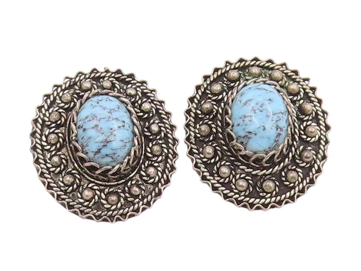 925 Sterling Silver Vintage Earrings Oval Turquoise Intricate Rope Edge  EG13994
