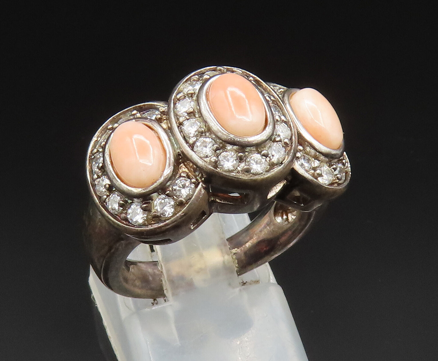 ESPO 925 Silver Vintage Rhodochrosite & Cubic Zirconia Ring Sz 6 RG24739