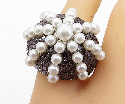 925 Sterling Silver  Pearls & Hematite Modernist Cocktail Ring Sz 7.5  RG6631