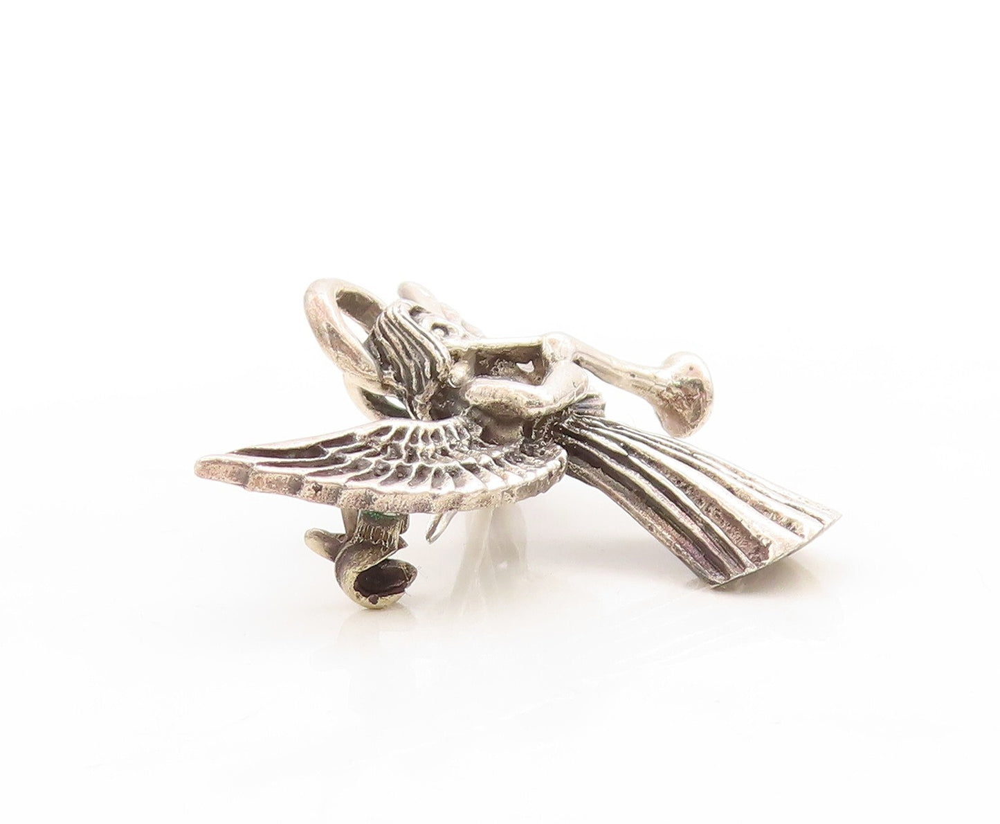 925 Sterling Silver Vintage Brooch Pin Dark Tone Angel Playing Music  BP11388