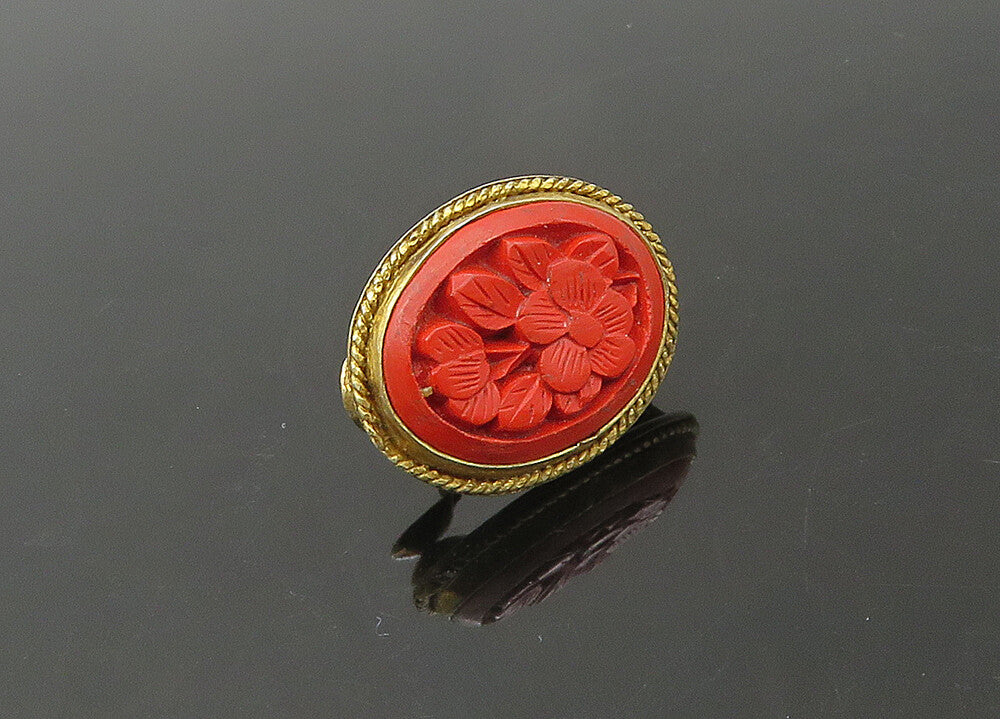 CHINESE 925 Sterling Silver  Vintage Floral Carved Cinnabar Pendant  PT17558