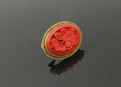 CHINESE 925 Sterling Silver  Vintage Floral Carved Cinnabar Pendant  PT17558