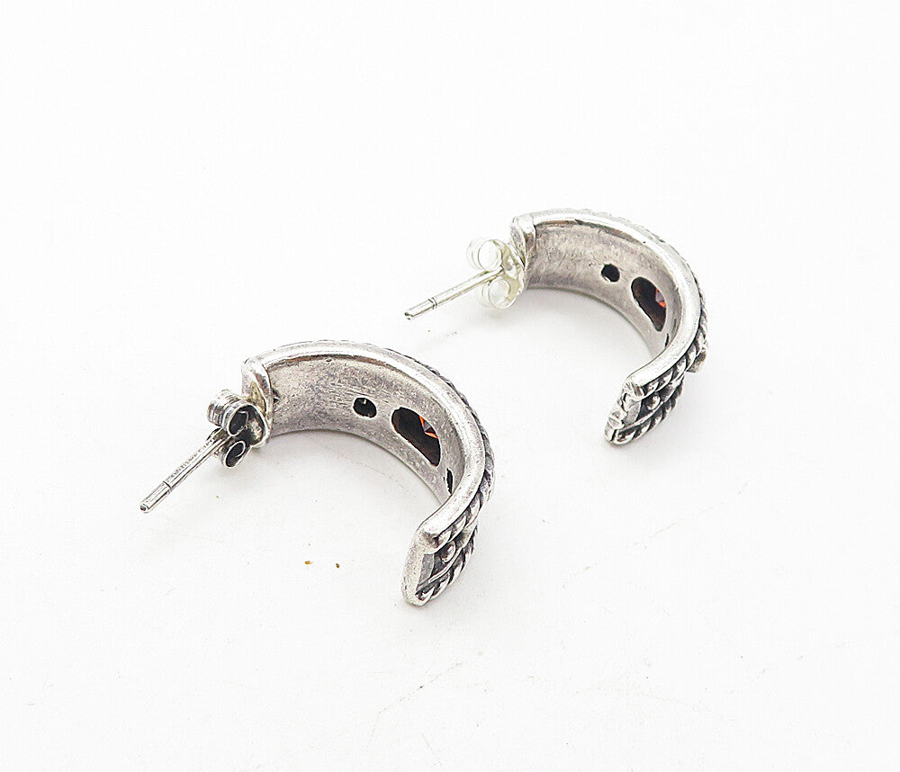 925 Sterling Silver  Vintage Red Topaz Oxidized Twist JHoop Earrings  EG3945