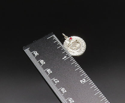925 Silver  Vintage Engraved Merry Christmas Garnet Medal Pendant  PT21096